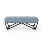 Upholstered Bench — Button-Tufted Light Blue Fabric, Black, 47 Inches