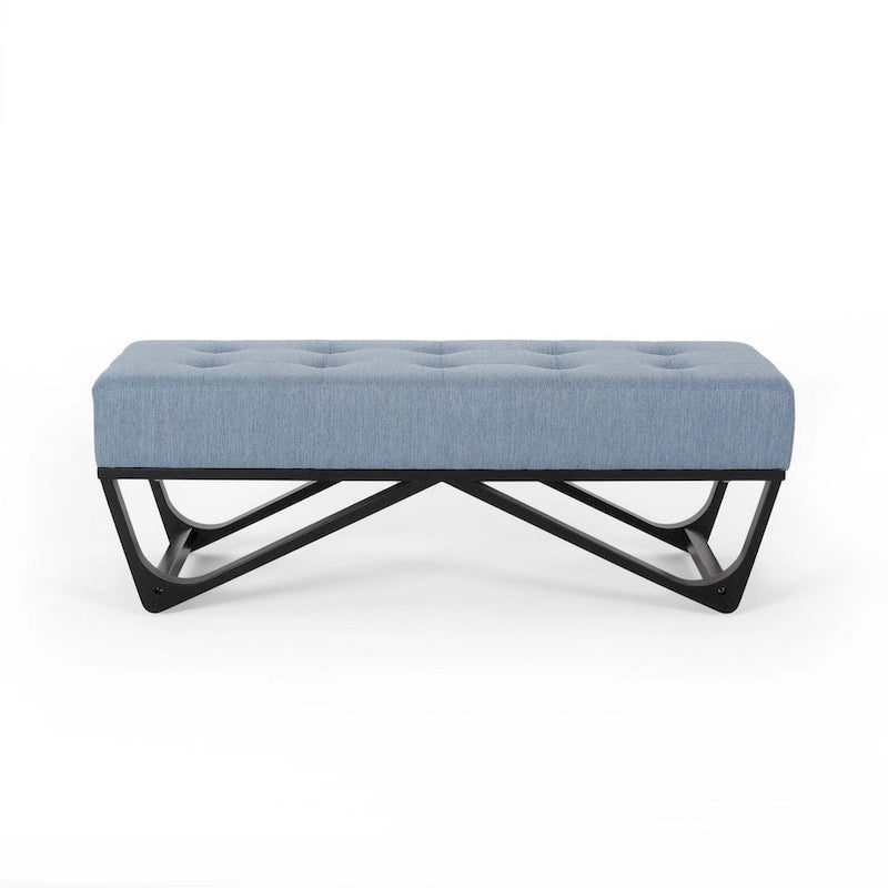 Upholstered Bench — Button-Tufted Light Blue Fabric, Black, 47 Inches