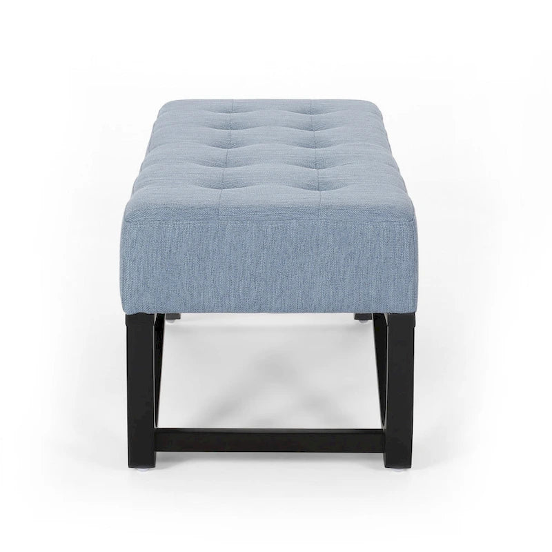 Upholstered Bench — Button-Tufted Light Blue Fabric, Black, 47 Inches