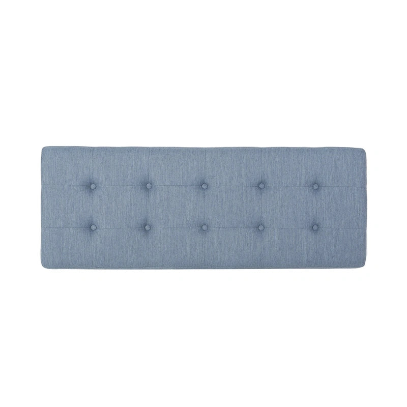 Upholstered Bench — Button-Tufted Light Blue Fabric, Black, 47 Inches