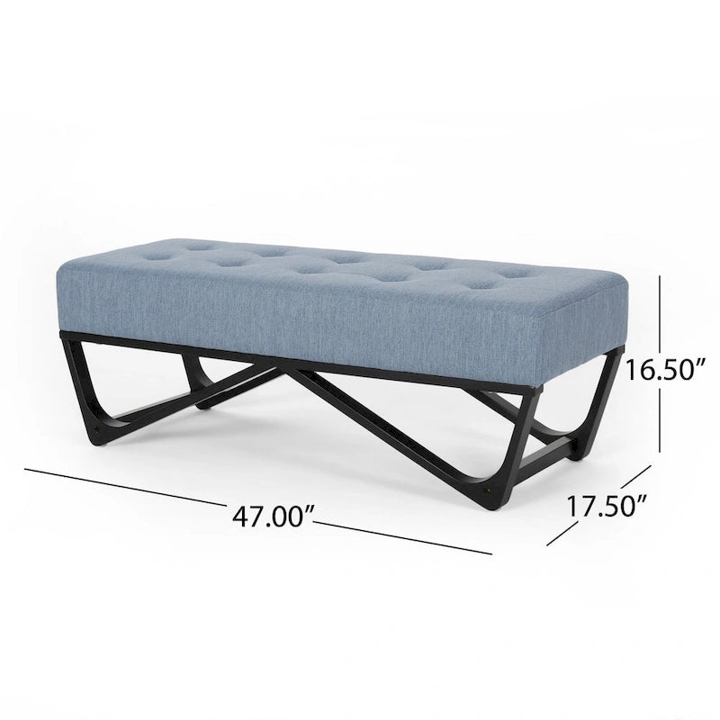 Upholstered Bench — Button-Tufted Light Blue Fabric, Black, 47 Inches