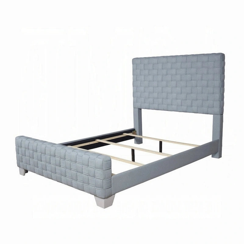 Reah King Size Bed, Light Teal Blue Chenille, Gray Panel Headboard