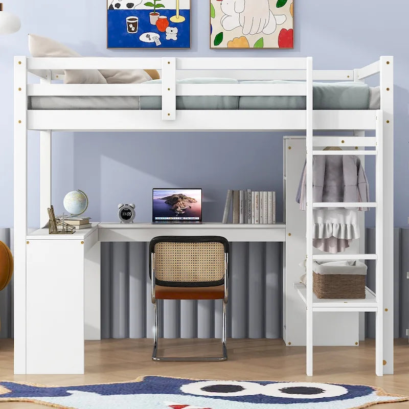 Twin Size Loft Bed Frame with L Shaped Desk, Wardrobe and Shelves