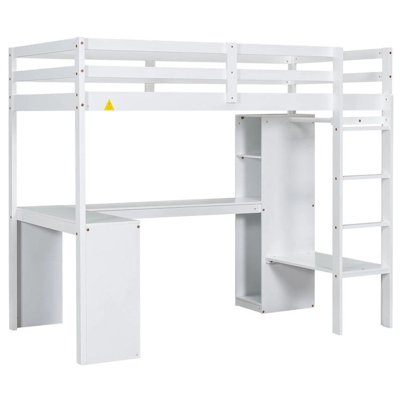 Twin Size Loft Bed Frame with L Shaped Desk, Wardrobe and Shelves