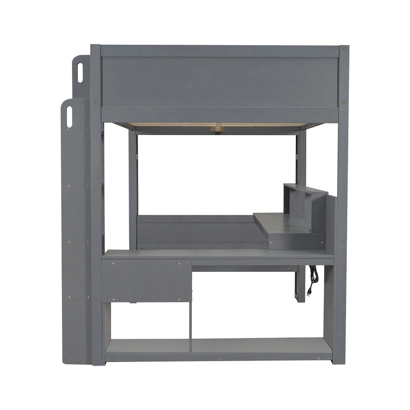 Wood Twin Size Gaming Loft Bed with Desk, Multi-storage Shelves, LED and Charging Station, Dark Gray
