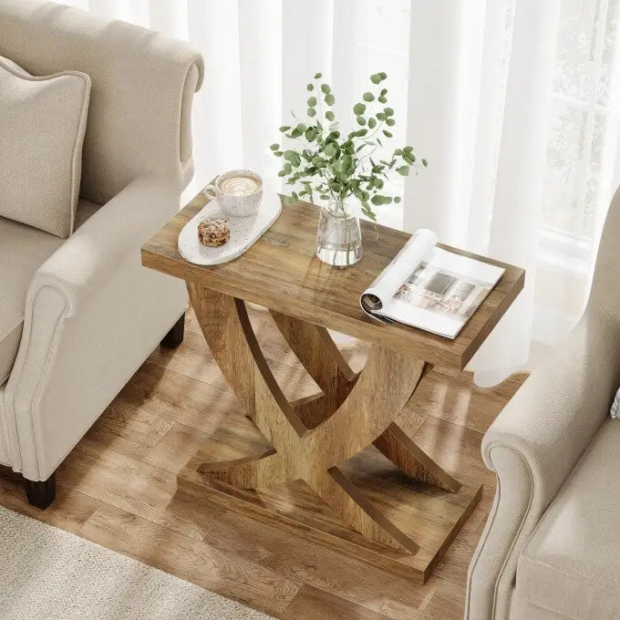 Farmhouse End Table, Narrow Side Table with Fishtail Support Design for Living Room, Study, Brown