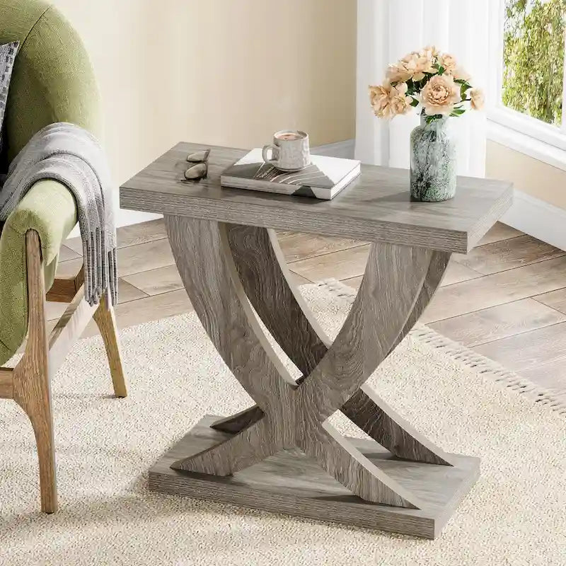 Farmhouse End Table, Narrow Side Table with Fishtail Support Design for Living Room, Study, Brown