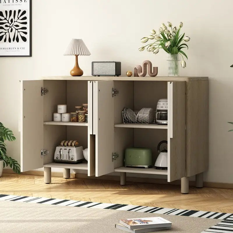 4-Door Buffet Cabinet with Storage, Wood Sideboard Cabinet with Unique Arc Handles and Adjustable Shelves