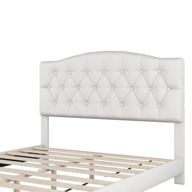 Platform Bed Frame with Saddle Curved Headboard, Modern Medieval Royal Style Platform Bed with Diamond Tufted Details