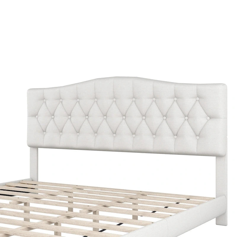 Platform Bed Frame with Saddle Curved Headboard, Modern Medieval Royal Style Platform Bed with Diamond Tufted Details