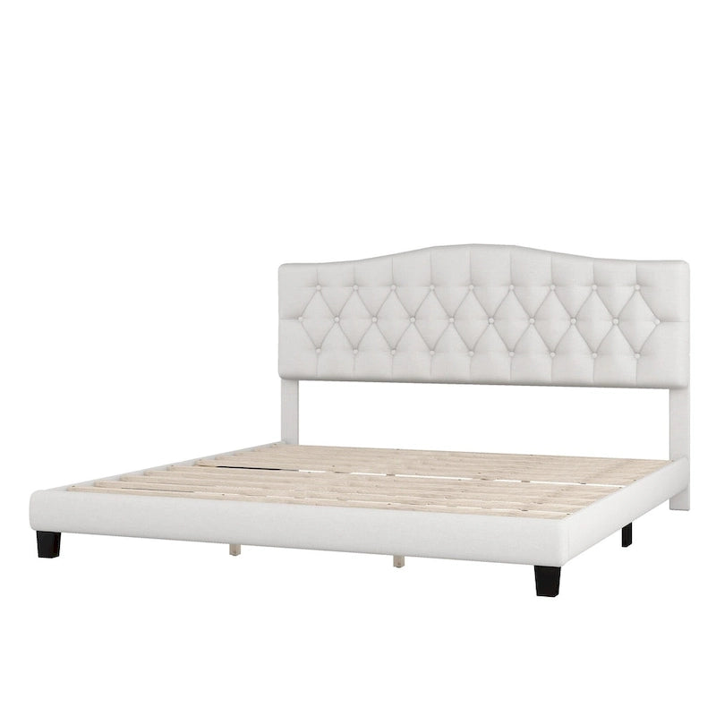 Platform Bed Frame with Saddle Curved Headboard, Modern Medieval Royal Style Platform Bed with Diamond Tufted Details