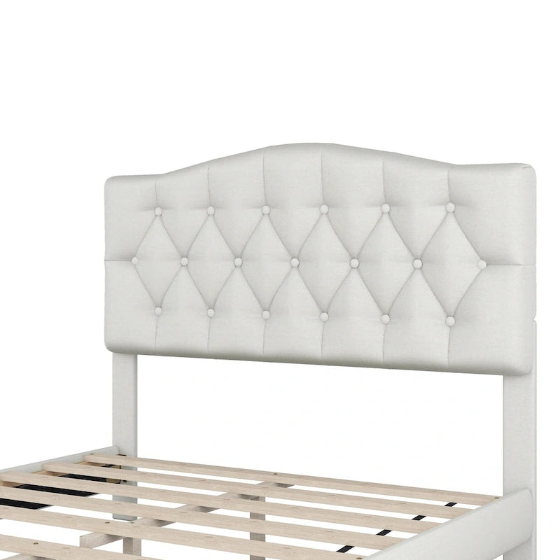 Platform Bed Frame with Saddle Curved Headboard, Modern Medieval Royal Style Platform Bed with Diamond Tufted Details