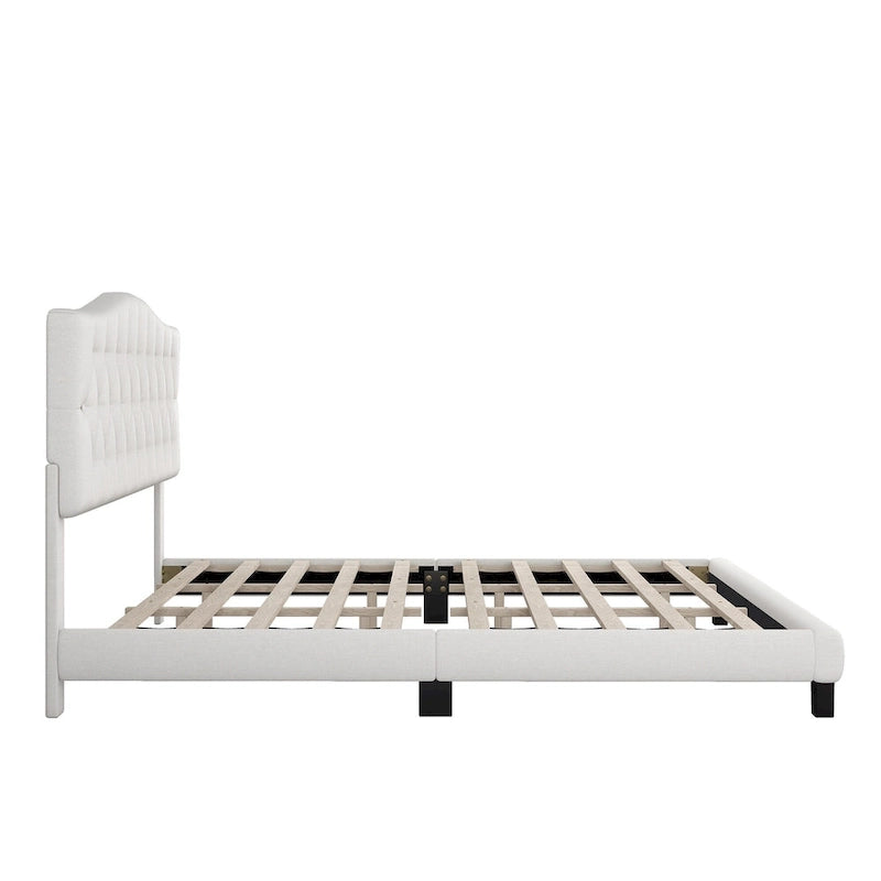 Platform Bed Frame with Saddle Curved Headboard, Modern Medieval Royal Style Platform Bed with Diamond Tufted Details