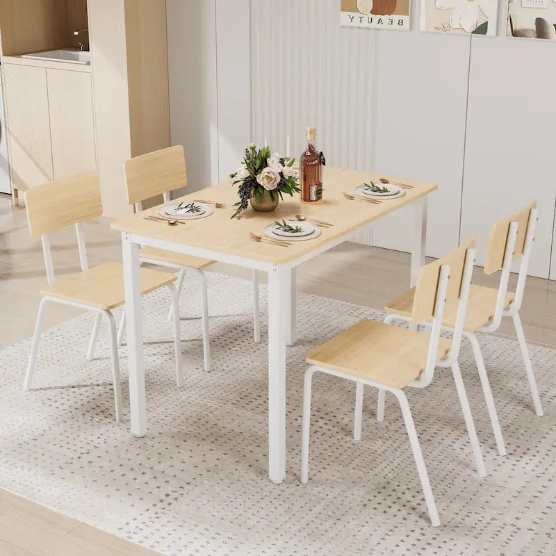 Kitchen Dining Table Set Metal Frame Breakfast Table with 4 Dining Chairs Modern Casual Dining Table Set 5-Piece Dining Set