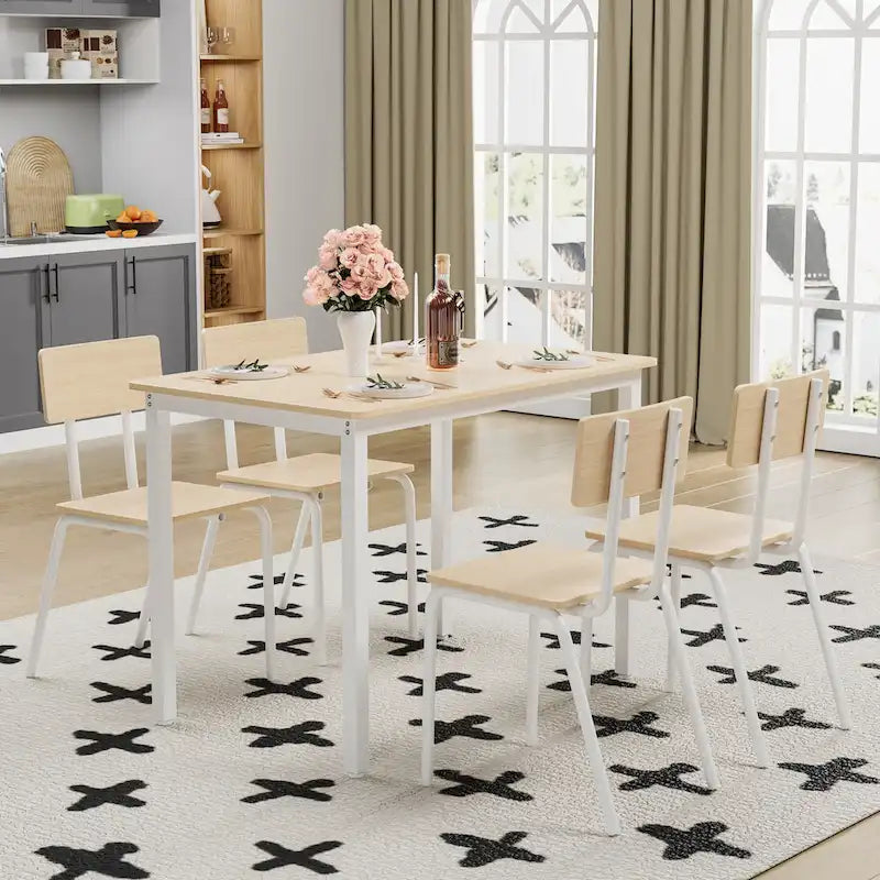 Kitchen Dining Table Set Metal Frame Breakfast Table with 4 Dining Chairs Modern Casual Dining Table Set 5-Piece Dining Set