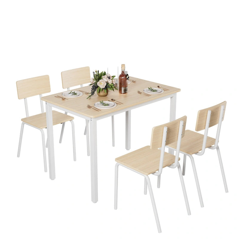 Kitchen Dining Table Set Metal Frame Breakfast Table with 4 Dining Chairs Modern Casual Dining Table Set 5-Piece Dining Set