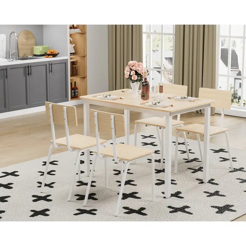 Kitchen Dining Table Set Metal Frame Breakfast Table with 4 Dining Chairs Modern Casual Dining Table Set 5-Piece Dining Set