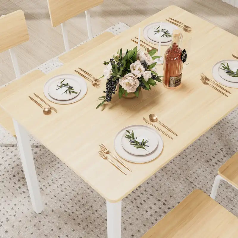 Kitchen Dining Table Set Metal Frame Breakfast Table with 4 Dining Chairs Modern Casual Dining Table Set 5-Piece Dining Set