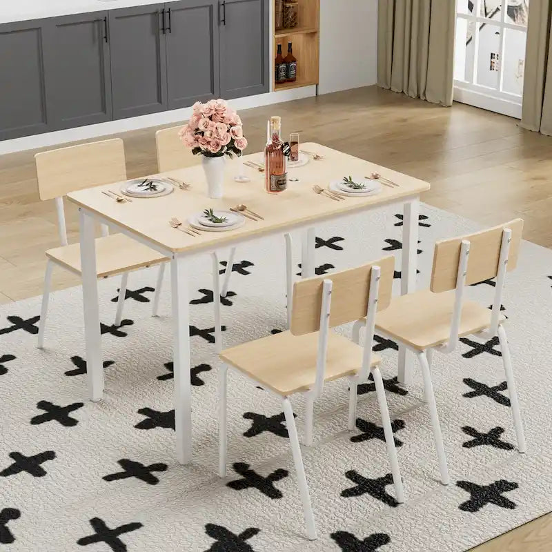Kitchen Dining Table Set Metal Frame Breakfast Table with 4 Dining Chairs Modern Casual Dining Table Set 5-Piece Dining Set