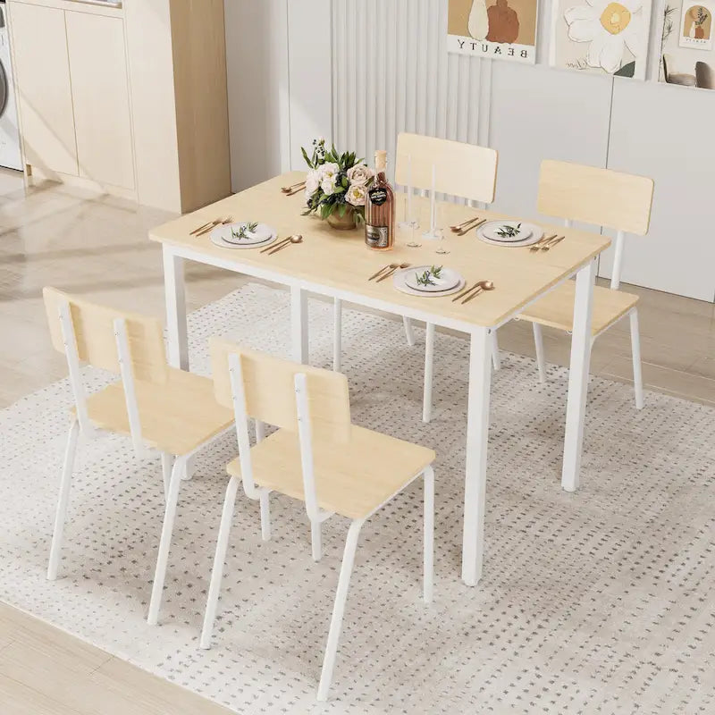 Kitchen Dining Table Set Metal Frame Breakfast Table with 4 Dining Chairs Modern Casual Dining Table Set 5-Piece Dining Set