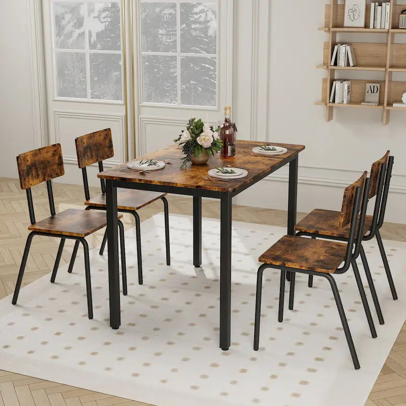 Kitchen Dining Table Set Metal Frame Breakfast Table with 4 Dining Chairs Modern Casual Dining Table Set 5-Piece Dining Set