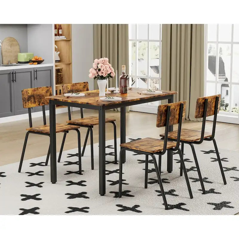 Kitchen Dining Table Set Metal Frame Breakfast Table with 4 Dining Chairs Modern Casual Dining Table Set 5-Piece Dining Set