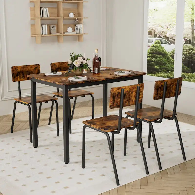 Kitchen Dining Table Set Metal Frame Breakfast Table with 4 Dining Chairs Modern Casual Dining Table Set 5-Piece Dining Set