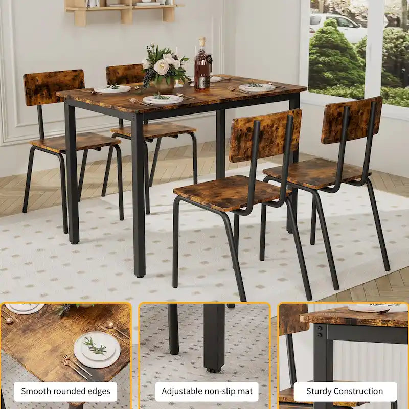 Kitchen Dining Table Set Metal Frame Breakfast Table with 4 Dining Chairs Modern Casual Dining Table Set 5-Piece Dining Set