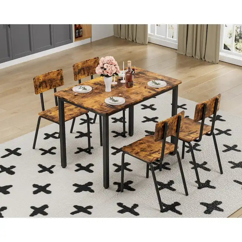 Kitchen Dining Table Set Metal Frame Breakfast Table with 4 Dining Chairs Modern Casual Dining Table Set 5-Piece Dining Set