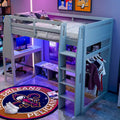 Twin Size Loft Bed Mulfunctional Wood Loft Bed w/Desk, Multi-storage Shelves, LED and Hanging Clothes Rack, No Box Spring Needed