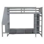 Twin Size Loft Bed Mulfunctional Wood Loft Bed w/Desk, Multi-storage Shelves, LED and Hanging Clothes Rack, No Box Spring Needed