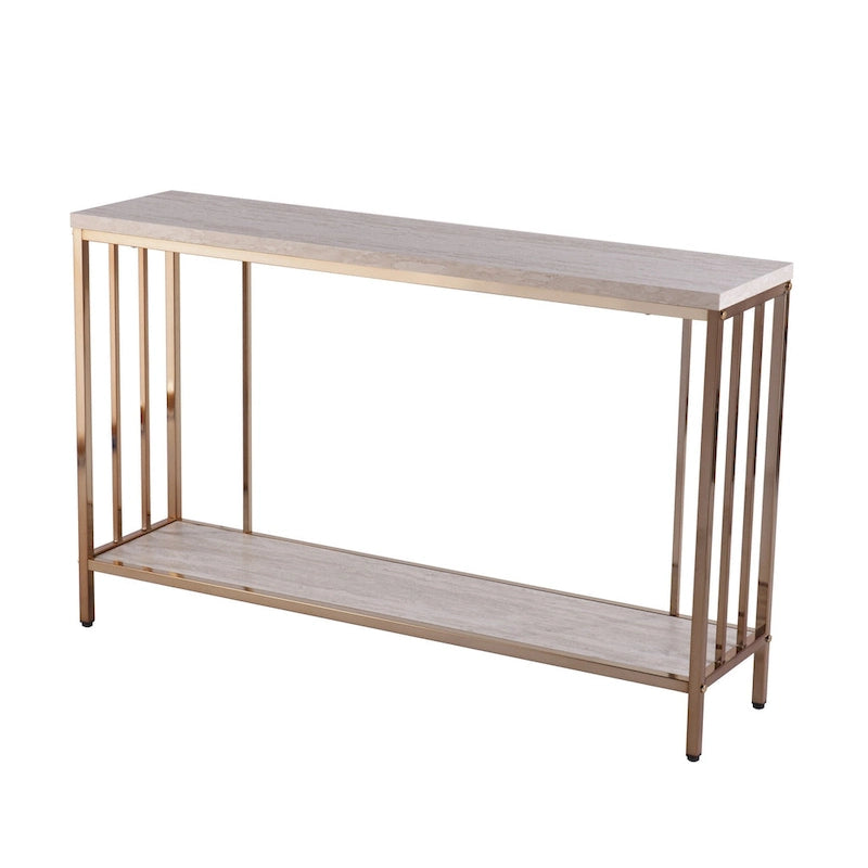 Champagne Faux Stone Rectangular Console Table with Gold Shelf Base - 47.5 L x 12 W x 29.5 H