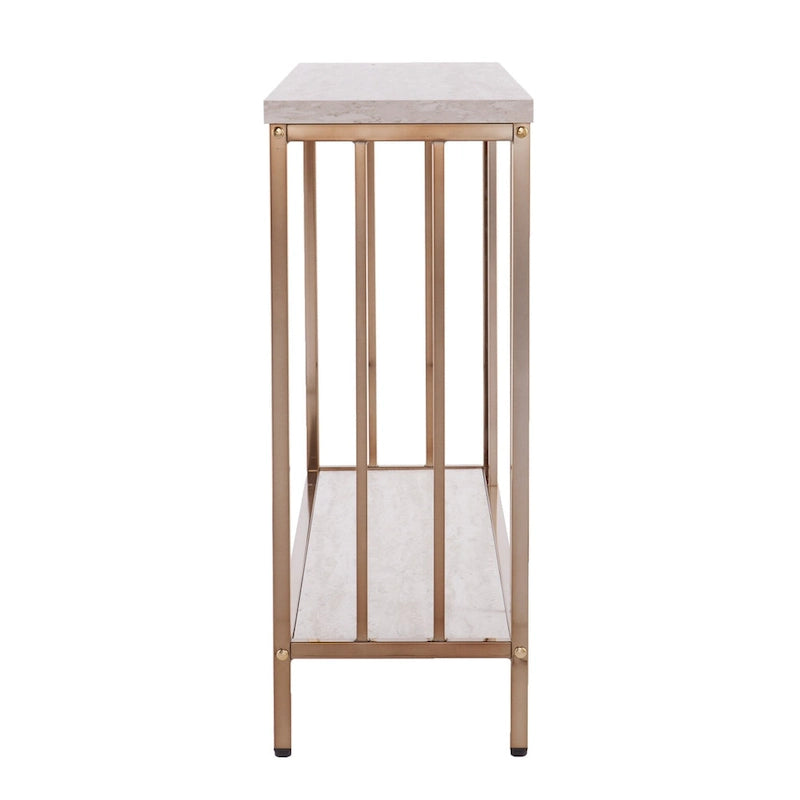 Champagne Faux Stone Rectangular Console Table with Gold Shelf Base - 47.5 L x 12 W x 29.5 H