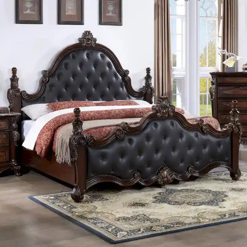 Furniture of America Eugene Traditional Faux Leather Button Tufted Four Poster Panel Bed