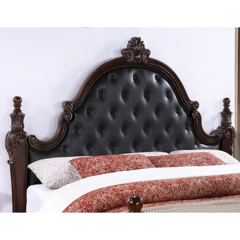 Furniture of America Eugene Traditional Faux Leather Button Tufted Four Poster Panel Bed