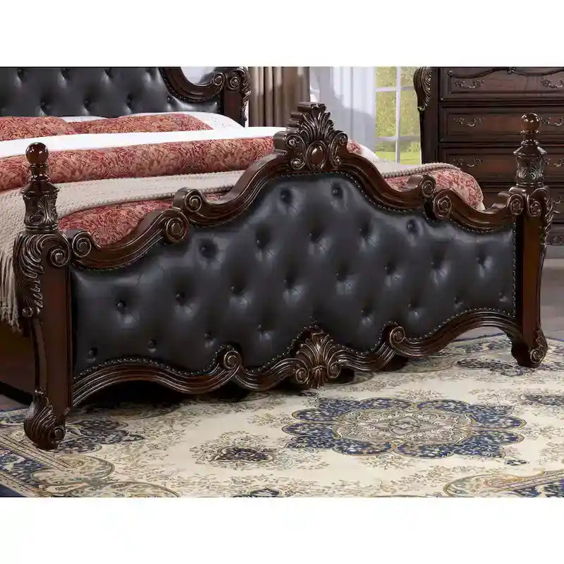 Furniture of America Eugene Traditional Faux Leather Button Tufted Four Poster Panel Bed