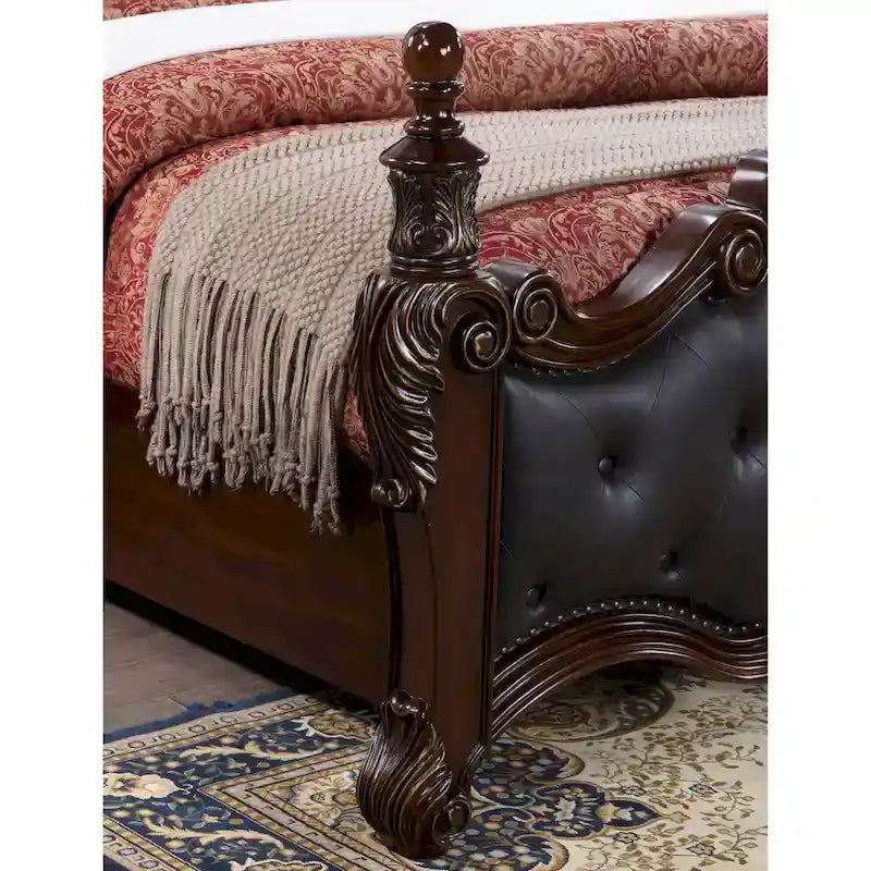 Furniture of America Eugene Traditional Faux Leather Button Tufted Four Poster Panel Bed