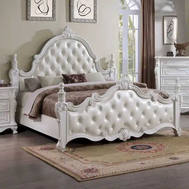 Furniture of America Eugene Traditional Faux Leather Button Tufted Four Poster Panel Bed