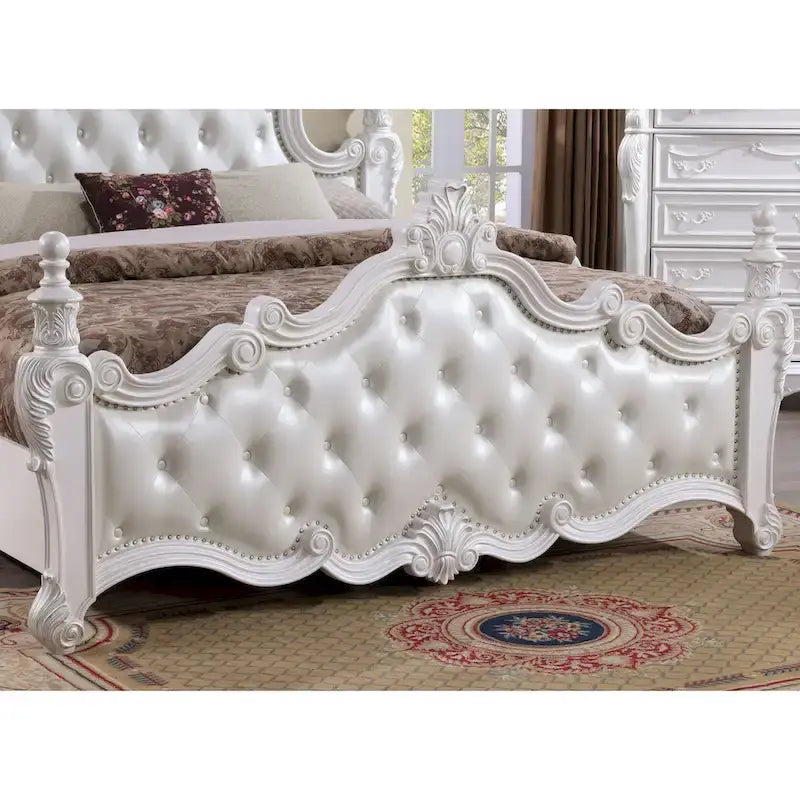 Furniture of America Eugene Traditional Faux Leather Button Tufted Four Poster Panel Bed
