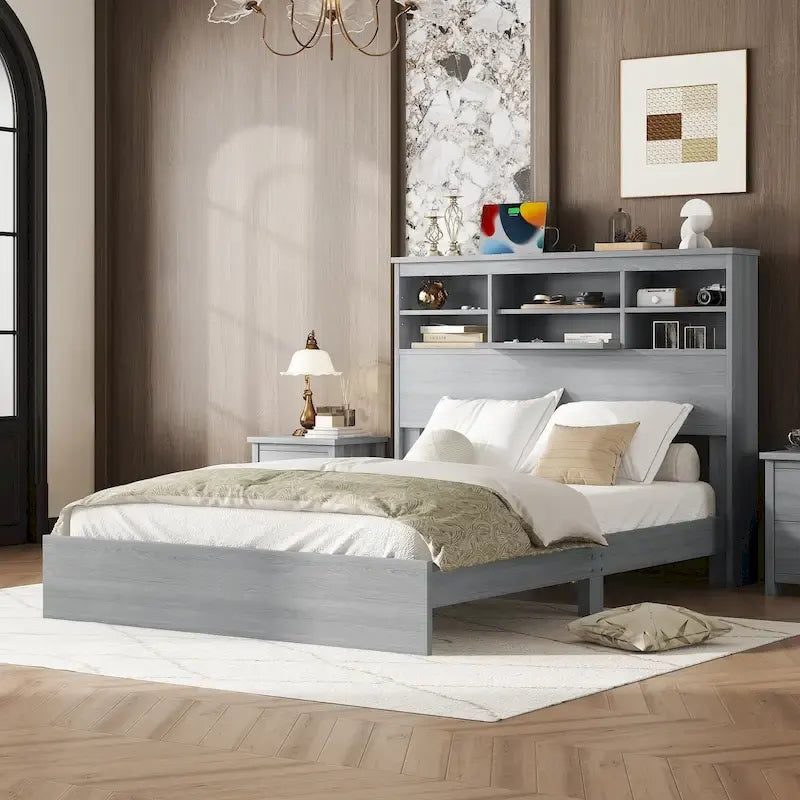 FURNITURE DEMAIN Queen Size Vintage Platform Bed with Storage Headboard and Charging Station