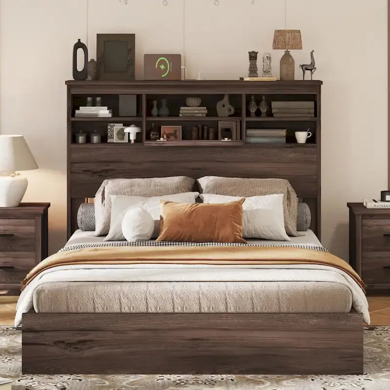 FURNITURE DEMAIN Queen Size Vintage Platform Bed with Storage Headboard and Charging Station