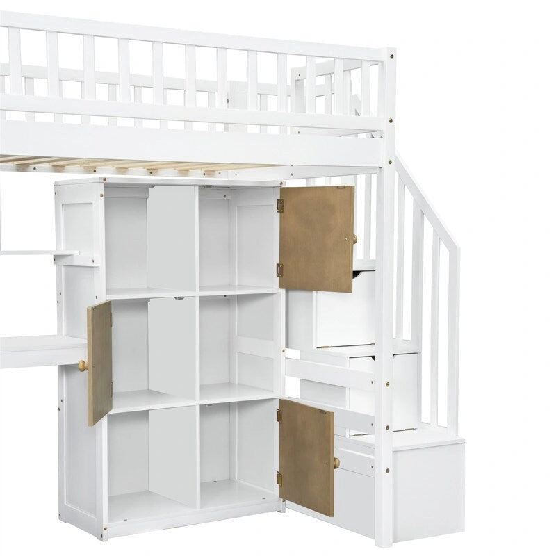 Twin Size Loft Bed with Bulit-in Desk, LED Light and Storage Staircase, Wooden Loft Bedframe with Storage Shelves and Cabinets