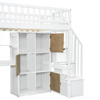 Twin Size Loft Bed with Bulit-in Desk, LED Light and Storage Staircase, Wooden Loft Bedframe with Storage Shelves and Cabinets