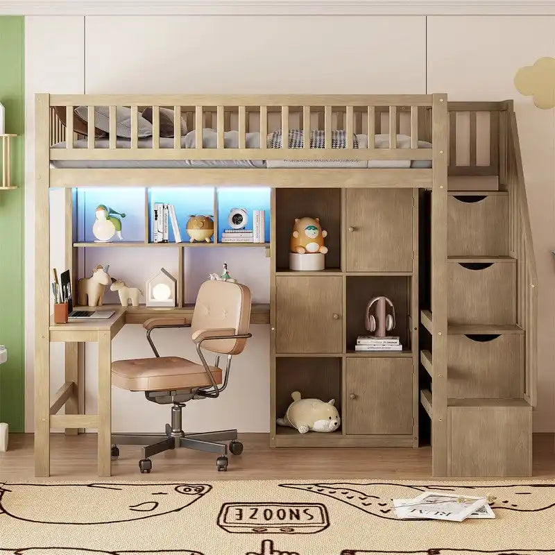 Twin Size Loft Bed with Bulit-in Desk, LED Light and Storage Staircase, Wooden Loft Bedframe with Storage Shelves and Cabinets