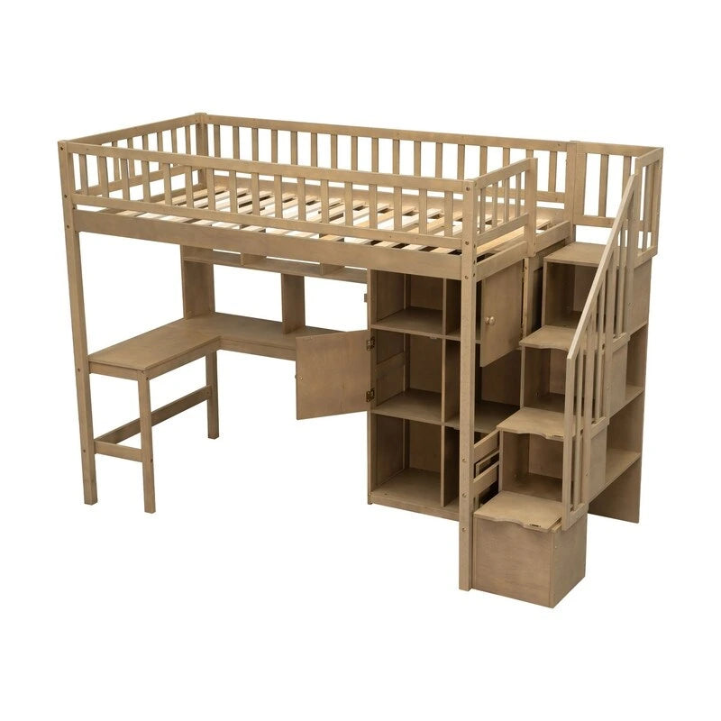 Twin Size Loft Bed with Bulit-in Desk, LED Light and Storage Staircase, Wooden Loft Bedframe with Storage Shelves and Cabinets