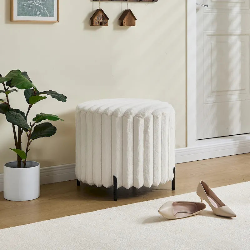 22.05Wide Upholstered Round Pouf Ottoman Foot Rest with Black Metal Legs