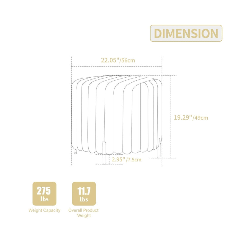 22.05Wide Upholstered Round Pouf Ottoman Foot Rest with Black Metal Legs