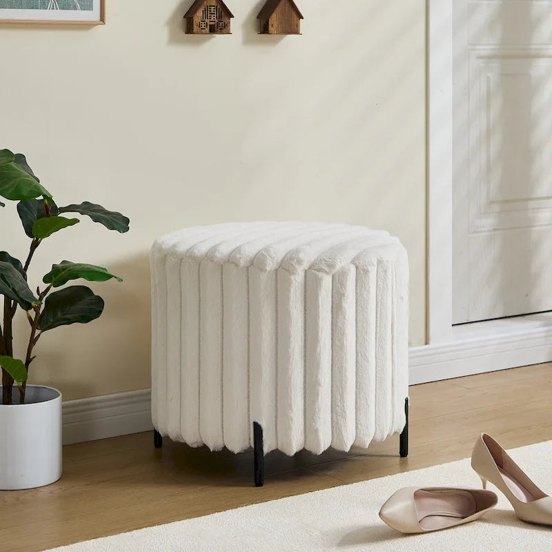 22.05Wide Upholstered Round Pouf Ottoman Foot Rest with Black Metal Legs