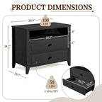 EROMMY Modern Wide Nightstand with 2 Drawers and Open Storage, Bedroom Bedside Table with Solid Wood Legs, Nightstand.