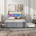 Queen Size Platform Bed with LED Lights & Trundle, Wood Storage Bed Frame with Headboard Shelf & 2 Drawers for Kids Teens Adults